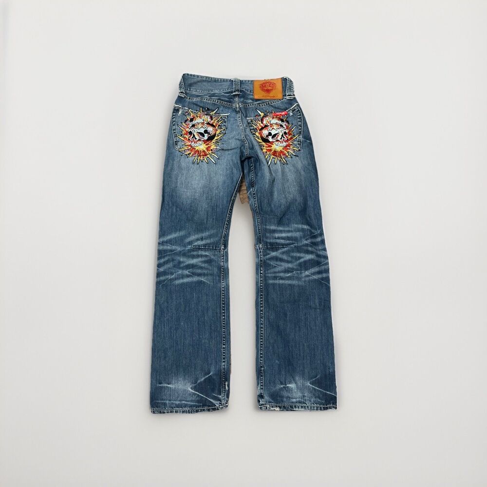Vintage Rare Ed Hardy Skull Sewed Embellished Tiger Denim Blue Jeans Mens 32x34